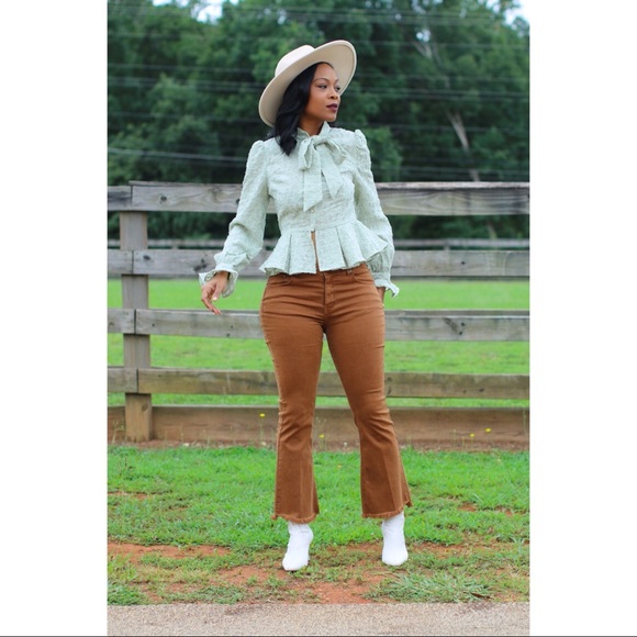 Mint green neck tie button peplum lace blouse top - Picture 2 of 9